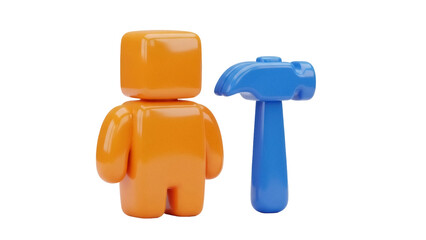 Isolated Plastic toy man and blue plastic toy hammer sitting side by side on white surface