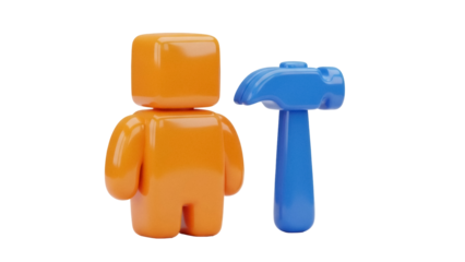 Isolated Plastic toy man and blue plastic toy hammer sitting side by side on white surface