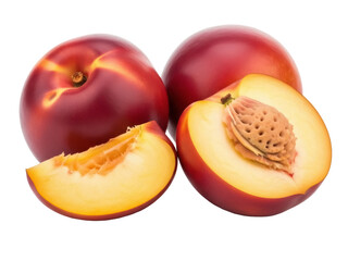 Isolated Still Life of Nectarines Showing Whole Fruit, Half, and Slice on Plain Backdrop