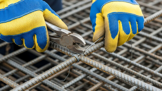 Hands in gloves using wire cutters to tie rebar reinforcement for construction site