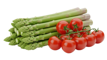 Fresh green asparagus spears and red cherry tomatoes isolated PNG, healthy raw vegetables for cooking and vegetarian diet