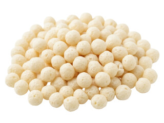 Isolated Pile of puffed round rice cereal balls, breakfast food snack for kids, creamy white