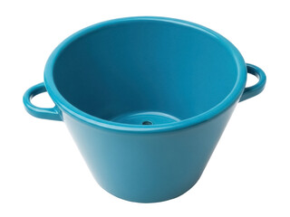 Isolated turquoise kitchenware colander with handles, drain holes, conical shape
