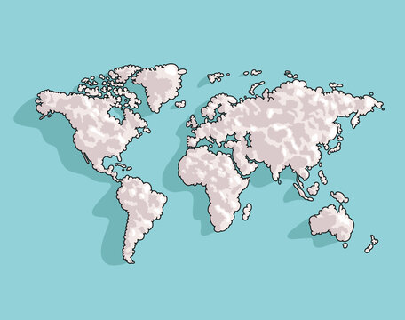 Around the World in Clouds Continents and Countries Minimalist Vector Map Illustration with Water Background. Connecting Global Dream Sky Travel Technology Location Concept