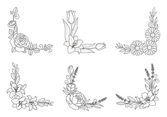 Six black and white floral corner border designs with roses lilies and daisies