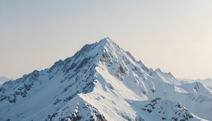 Close-up of a snow-dusted mountain ridge under a pale sky.
