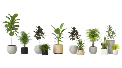 Fototapeta premium Set of Various Green Potted Houseplants 3D Render Isolated on White Background for Design