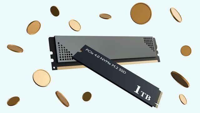 3D render of white-label DDR5 RAM and SSD components paired with gold coins, illustrating the high market valuation and rising investment costs of premium PC hardware
