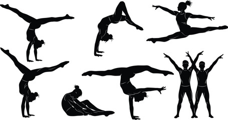 Gymnastics silhouettes collection vector illustration, acrobatic athletes performing flips, jumps, balances, dynamic sport poses isolated black figures on white background