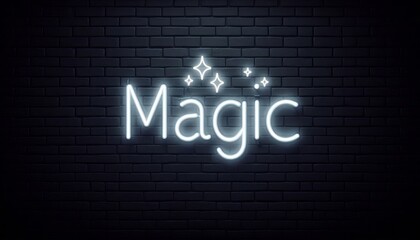 Obraz premium White neon sign with word Magic with sparkling stars on dark brick wall, ideal for fantasy themes, decor, nightlife, branding or digital design