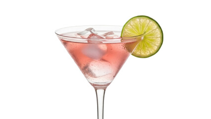 Isolated glass of pink cocktail with ice cubes and lime garnish, drink, refreshments