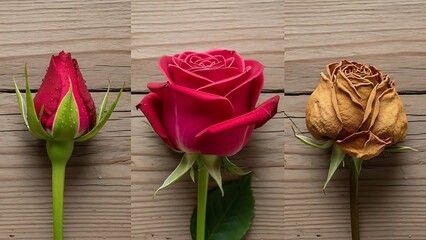 Rose Lifecycle Stages From Bud to Bloom to Decay on Wood 