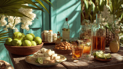A refreshing drinks and appetizers arrangement on a wooden table, with limes and other fruits. The scene has a tropical vibe, perfect for summer gathering.