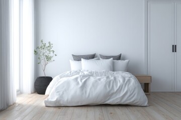 Fototapeta premium Serene modern bedroom interior featuring a low white bed and natural light illumination