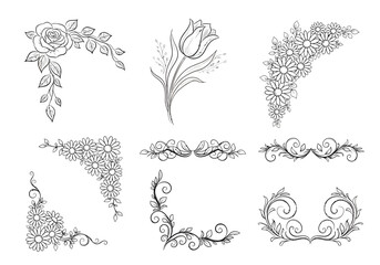 Six blackandwhite handdrawn floral and scroll design elements on white