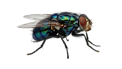 Vibrant green bottle fly isolated PNG, detailed insect close-up on transparent background, macro photography for biology and nature studies