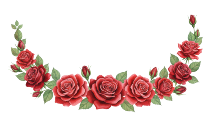 Hand-painted Watercolor Red Rose Floral Semicircle Border. Isolated Design Element.