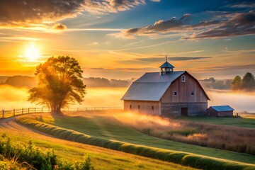 Sunrise Panoramic Barn House with Misty Fields: A serene panoramic view of a barn house at sunrise, soft mist floating over farmland, warm golden light breaking through, calm countryside atmosphere.