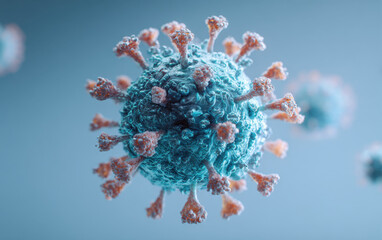 Detailed render of SARS CoV 2 virus cell, showcasing its intricate structure and surface spikes, evokes sense of scientific curiosity and concern about viral infections