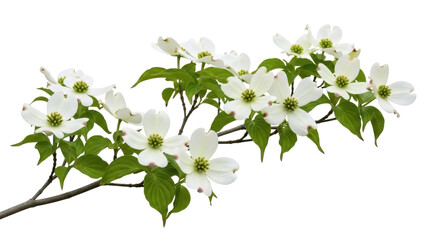 Dogwood flowers isolated PNG on transparent background, flowering branch with white petals and green leaves for spring design and botanical use