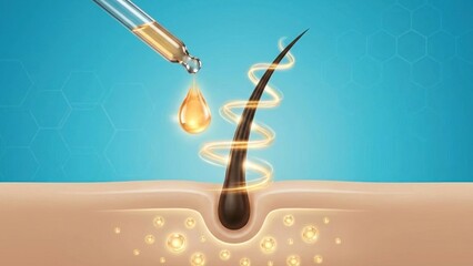 A single hair follicle with dropper and glowing rings showing hair loss treatment and deep serum absorption