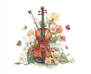 Watercolor painting of violin surrounded by colorful flowers and butterflies, creating harmonious and artistic atmosphere. vibrant colors and delicate details evoke sense of beauty and creativity