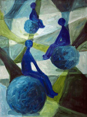 Oil painting of green and blue colors. It is a beautiful art picture. Abstraction art. Three people silhouettes on balls