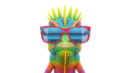 Vibrant Rainbow Chameleon 3D Render Wearing Blue Sunglasses Isolated