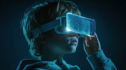 Young boy wearing virtual reality glasses experiences immersive digital world, showcasing curiosity and wonder. soft lighting enhances futuristic atmosphere, creating captivating scene