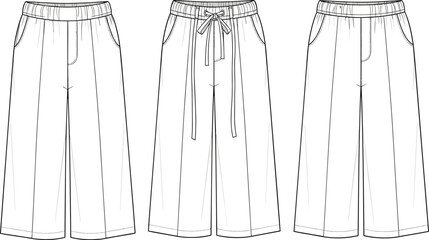 Women’s Wide Leg Pants Technical Fashion Illustration Showing Front Views with Elastic Waistband, Drawstring Detail, Pockets, and Clean Line Art