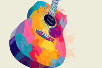 Vibrant and colorful abstract representation of acoustic guitar showcases blend of hues and artistic flair, evoking sense of creativity and musical passion