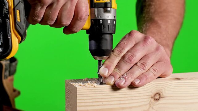 Screw insertion into pine wood grain, macro detail with drill/driver driving screws on pine effect videos Mission Cordless Power