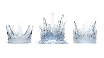 Three transparent abstract ice crystal formations isolated on white background
