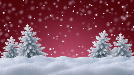 Snow covered pine tree winter landscape snowfall frosty cold serene red background holiday peaceful nature scene. tranquil snowy forest with pine trees and falling snowflakes on red backdrop
