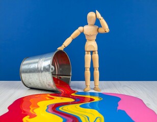 ペンキをこぼし、後悔するデッサン人形