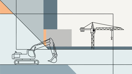 Excavator and Crane in Industrial Construction Site Illustration