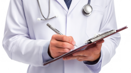Close up of a doctor's hands writing on a clipboard, suggesting medical documentation or prescription, with a transparent background for easy integration into various projects