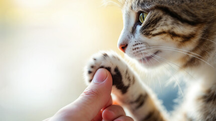 Close-up of a human hand holding a tabby cat's paw. A tender moment showing the bond between a person and a pet. Friendship, trust, and animal care concept
