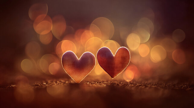 Two charming hearts, radiating warmth and affection, are gently illuminated against a dreamy bokeh backdrop