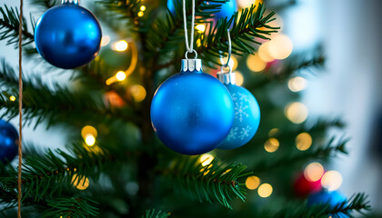Blue Christmas toys hanging on a fir tree branch on a bokeh background