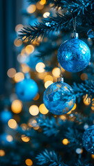 Blue Christmas toys hanging on a fir tree branch on a bokeh background