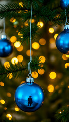 Blue Christmas toys hanging on a fir tree branch on a bokeh background