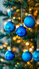 Blue Christmas toys hanging on a fir tree branch on a bokeh background
