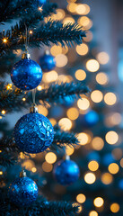 Blue Christmas toys hanging on a fir tree branch on a bokeh background