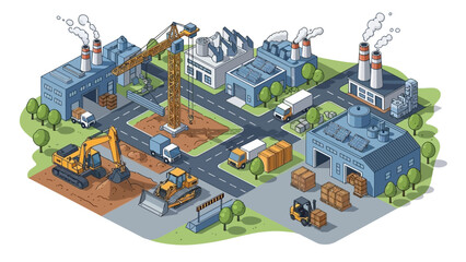 Industrial construction site with excavators and cranes in an urban environment viewed from above