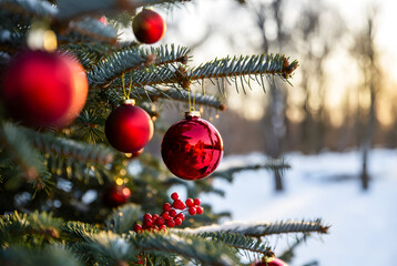 Christmas toys hanging on a snowy fir branch