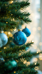 Blue Christmas toys hanging on a fir tree branch on a bokeh background