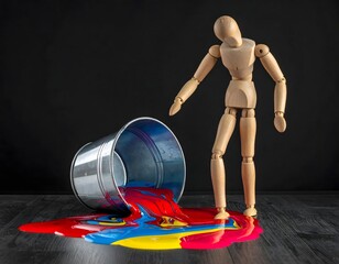 失敗に絶望し、頭を抱える木のマネキン