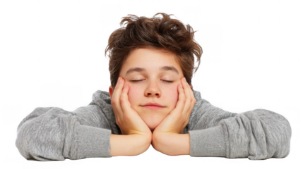 Tired young woman sitting with legs crossed, resting her head on her hands, eyes closed, embodying tranquility and calmness against a transparent background