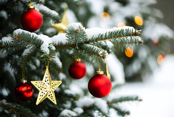 Christmas toys hanging on a snowy fir branch